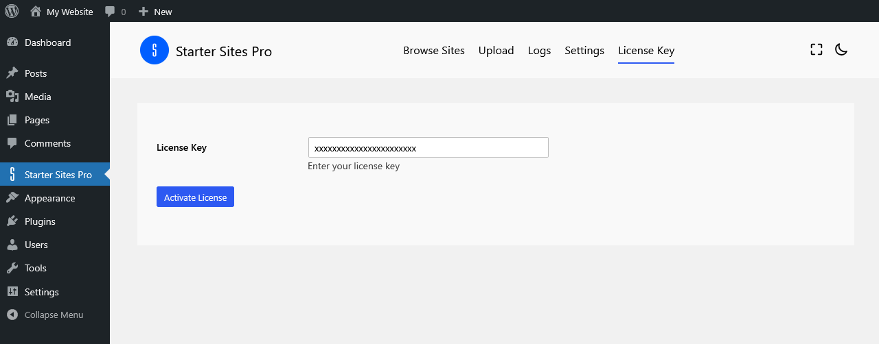 Activate the Starter Sites Pro license on your own website