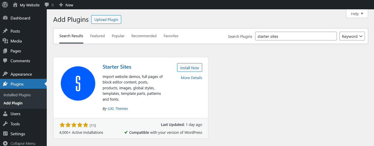 Adding the Starter Sites plugin in the WordPress dashboard