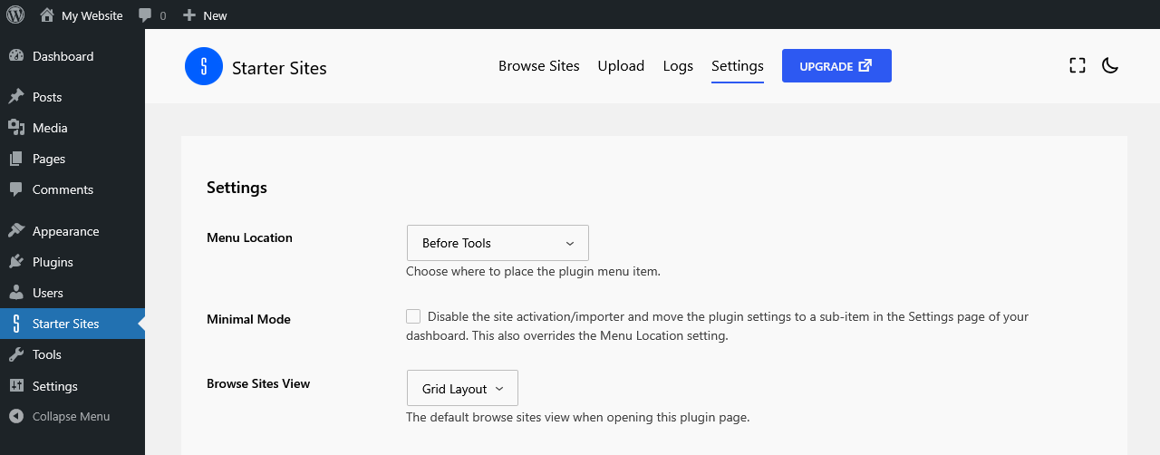 Showing the menu location changed to Before Tools in the WordPress dashboard admin sidebar