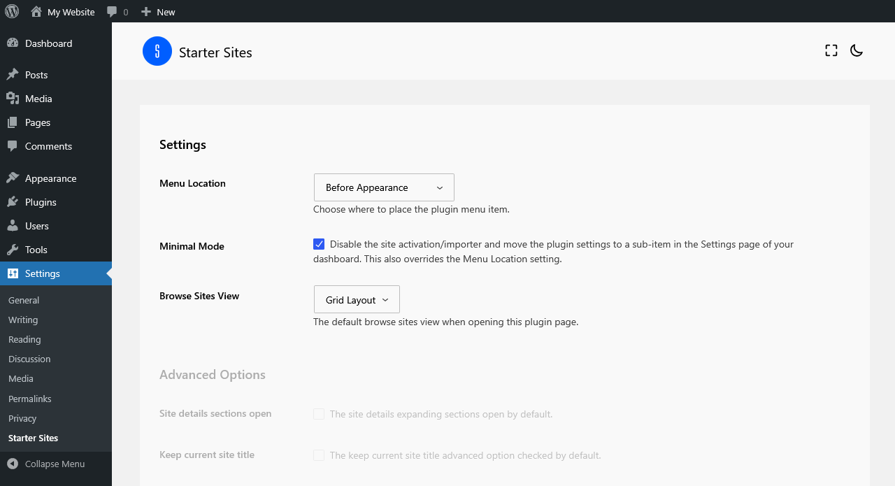 Viewing the Starter Sites settings page when placed into minimal mode