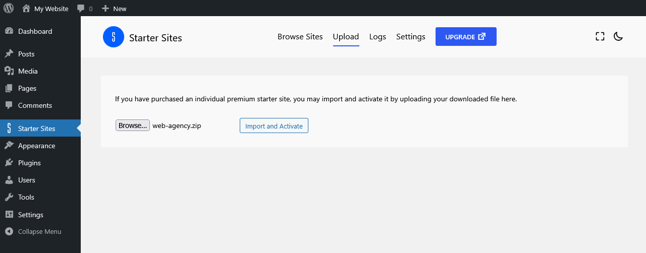 Uploading an individual premium starter site