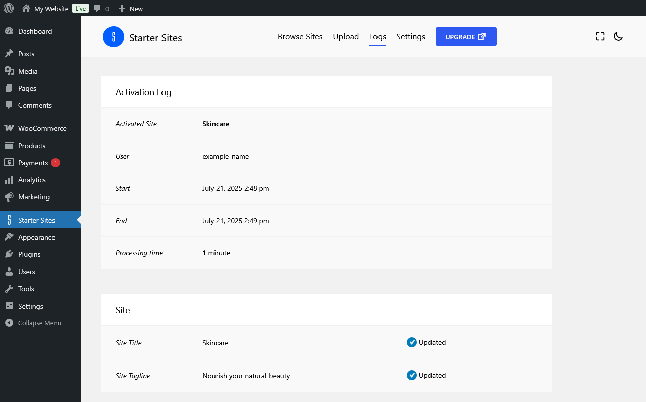 Viewing the individual site activation log