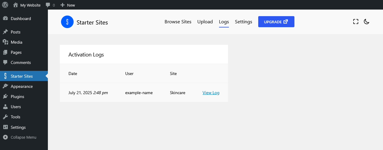 Viewing the log of the activated starter site