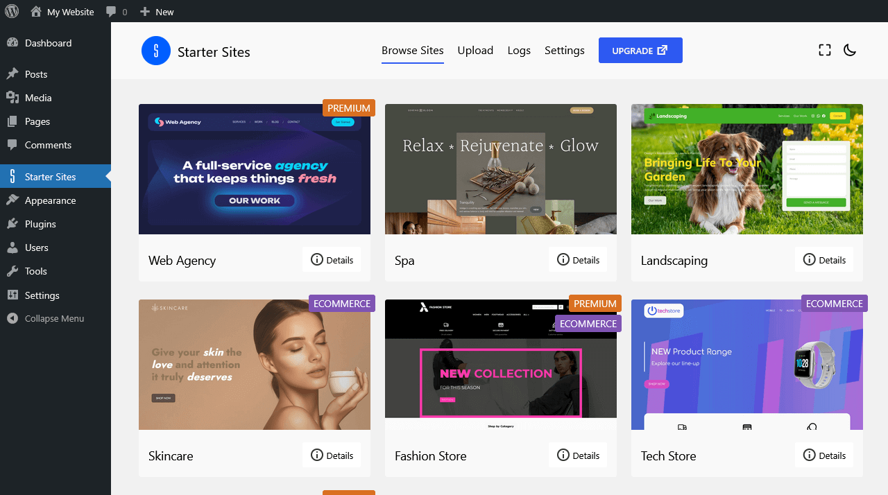 Viewing the starter sites in the plugin main page