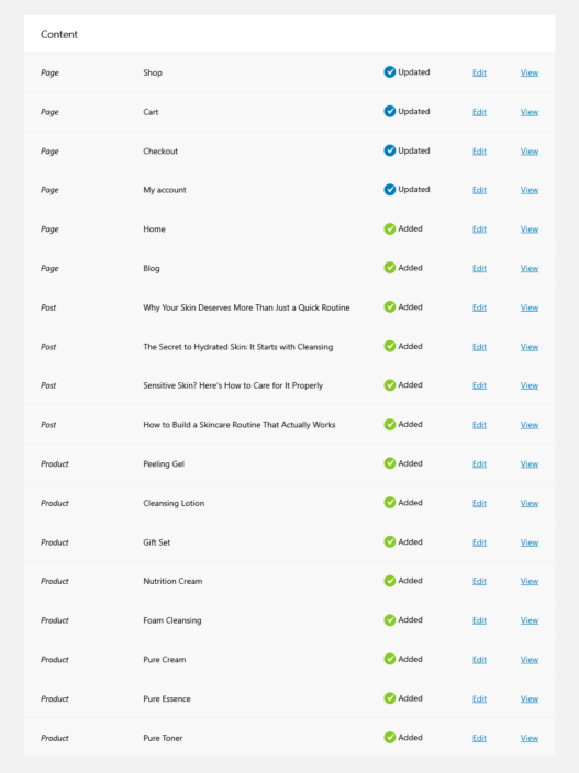 The log view showing the imported content