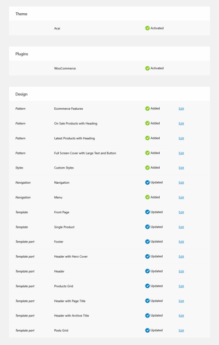 Viewing the log of the theme, plugins and design elements