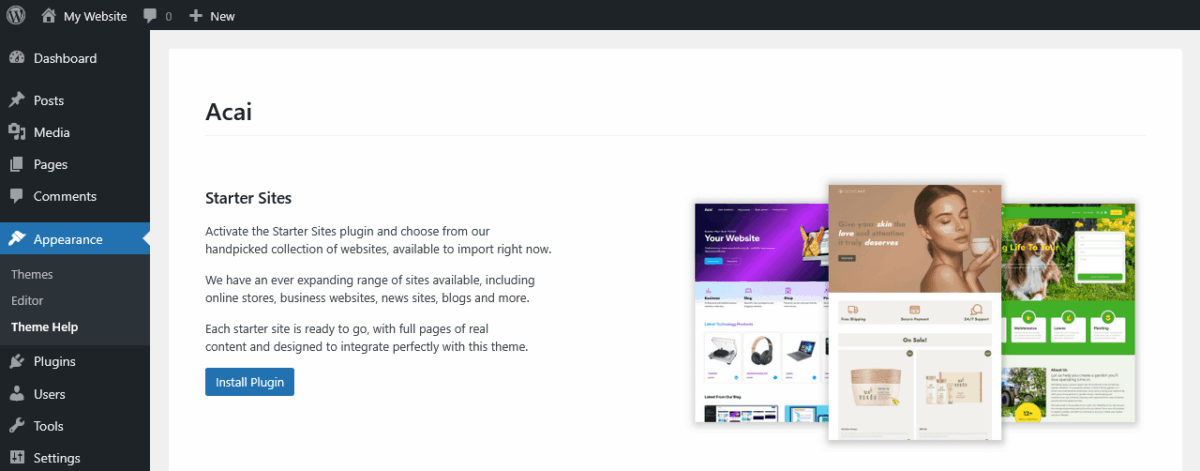 Installing the Starter Sites plugin from the Acai theme page.