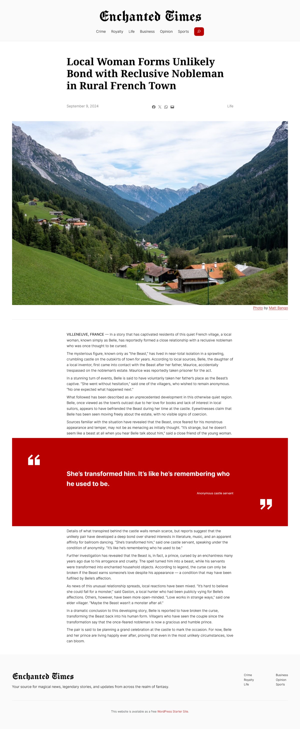The single article page with social sharing and large quote