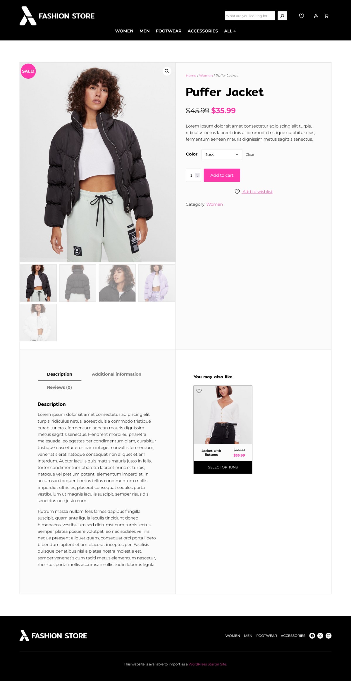 A single product page of the fashion store starter site